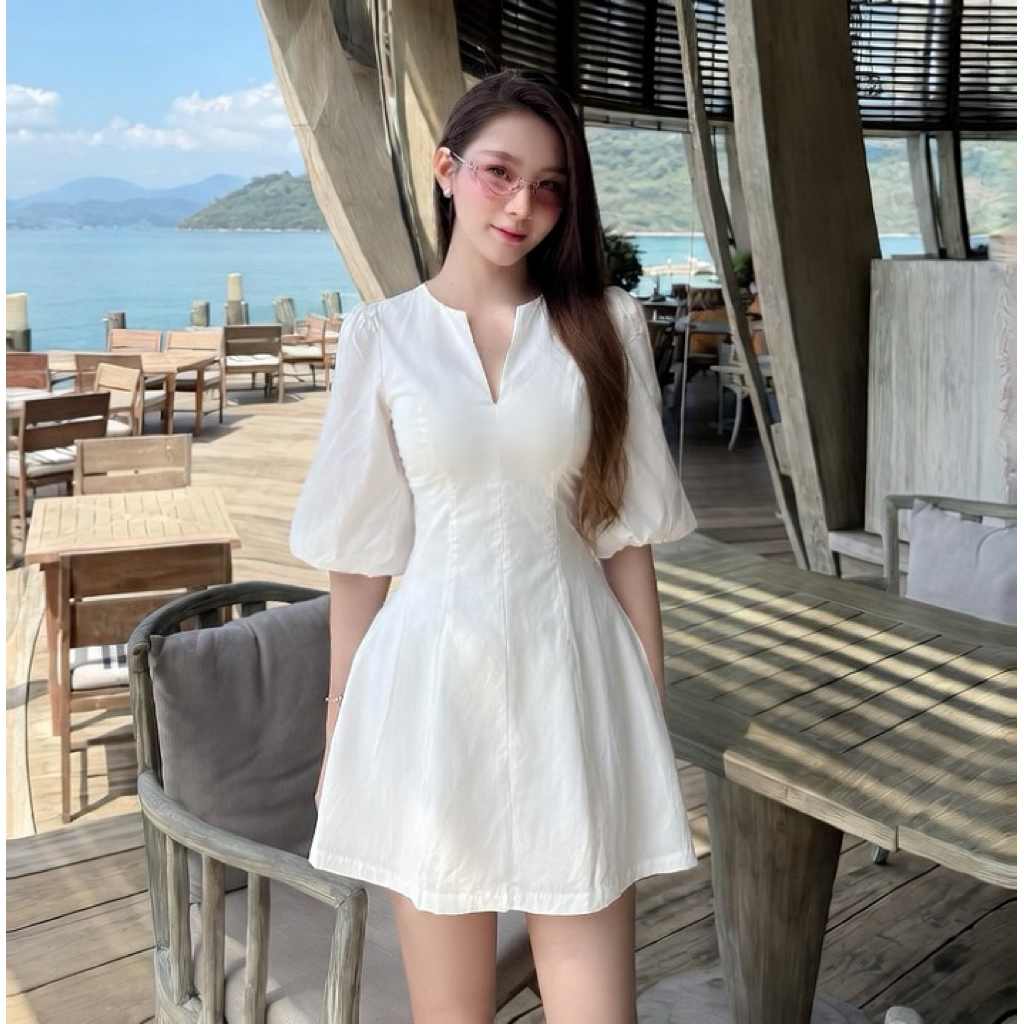 Đầm linen màu trắng tay bồng chiết eo tôn dáng đi biển đi chơi ANVY đầm tiểu thư sang chảnh