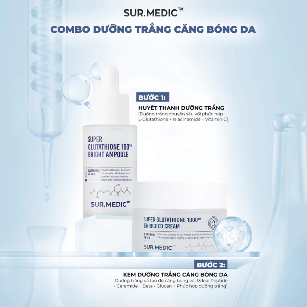 Tinh Chất Huyết Thanh 32ml + Kem Dưỡng Sur.Medic Super Glutathione 1000TM Sáng Da, Căng Bóng - Ever Queen