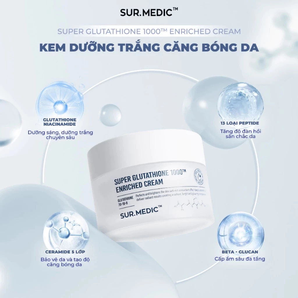 Tinh Chất Huyết Thanh 32ml + Kem Dưỡng Sur.Medic Super Glutathione 1000TM Sáng Da, Căng Bóng - Ever Queen