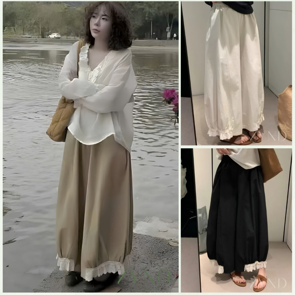 QUẦN ỐNG RỘNG ZYND - Quần thụng cotton thô ống phối ren cạp chun phong cách vintage Nhật Bản, vibe mùa thu - DĐ-M026
