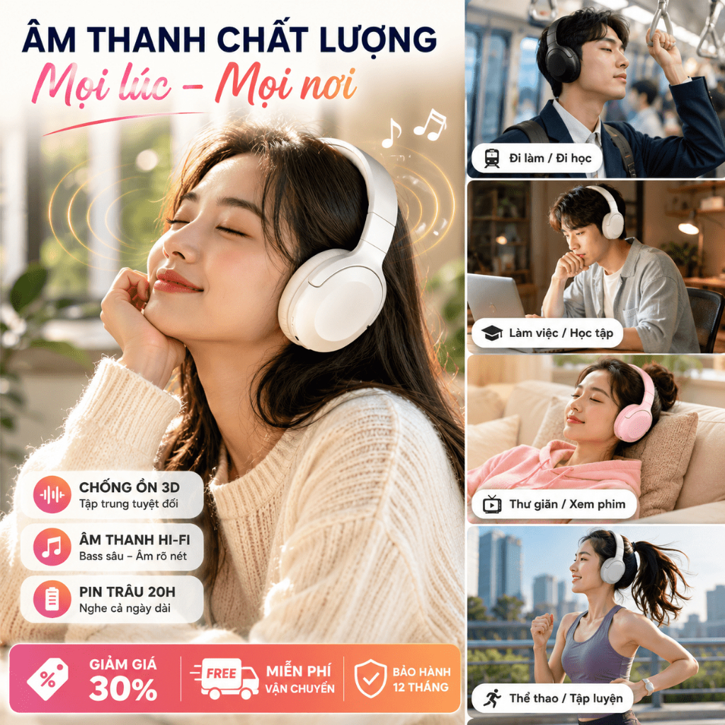 Tai Nghe Bluetooth Chụp Tai Không Dây｜Có Dây AUX｜Chống Ồn｜Pin Lâu｜Học Tập, Giải Trí