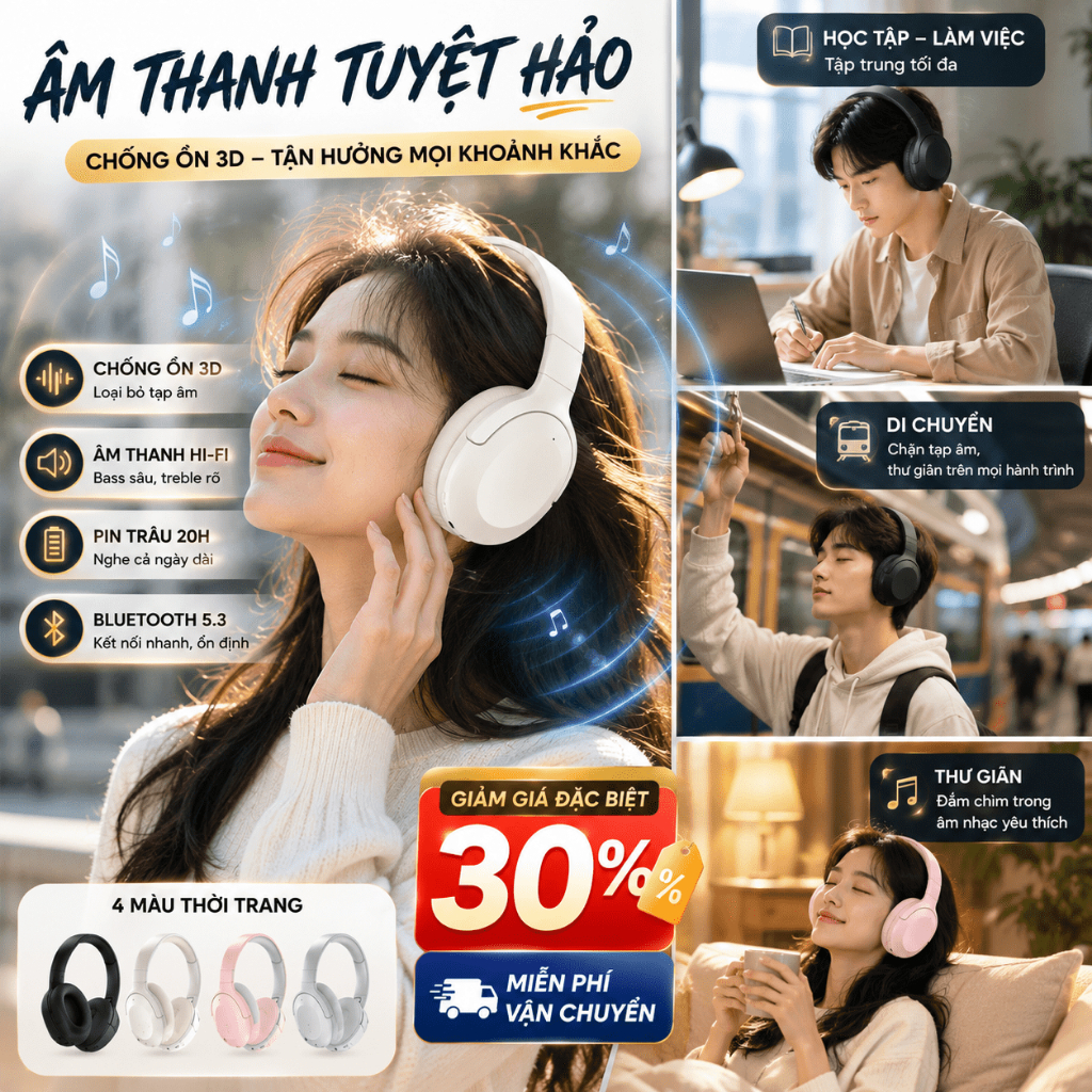 Tai Nghe Bluetooth Chụp Tai Không Dây｜Có Dây AUX｜Chống Ồn｜Pin Lâu｜Học Tập, Giải Trí