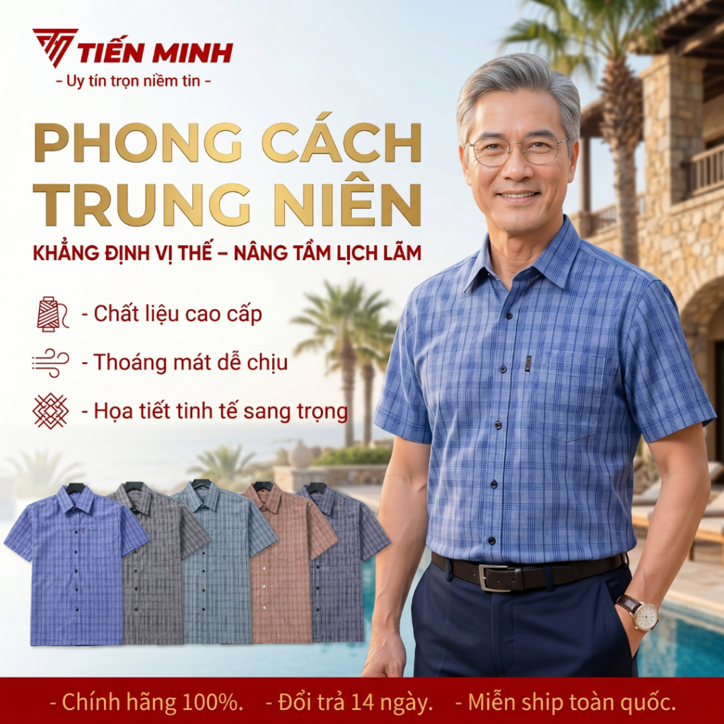 (Deal Xả Kho) TM1 Áo Sơ Mi Trung Niên Nam Ngắn Tay Dáng Suông Vạt Ngang Họa Tiết Kẻ Caro Tiến Minh