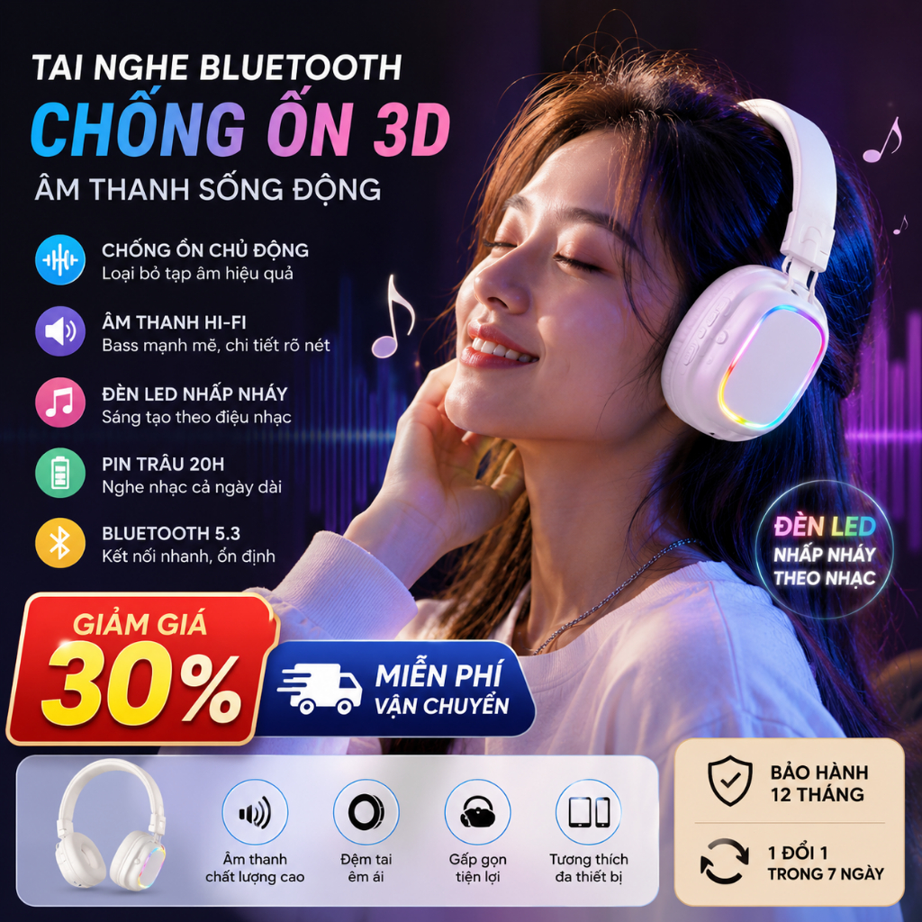 Tai Nghe Bluetooth 5.3 Tai Nghe Không Dây Bass Mạnh LED RGB Micro 12 Giờ Chụp Tai Có Dây