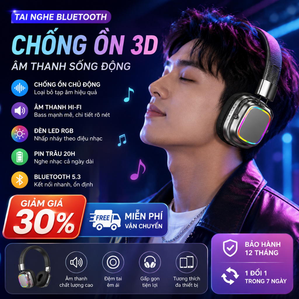 Tai Nghe Bluetooth 5.3 Tai Nghe Không Dây Bass Mạnh LED RGB Micro 12 Giờ Chụp Tai Có Dây