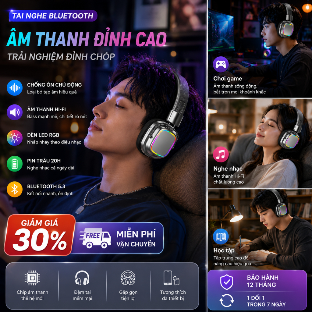 Tai Nghe Bluetooth 5.3 Tai Nghe Không Dây Bass Mạnh LED RGB Micro 12 Giờ Chụp Tai Có Dây