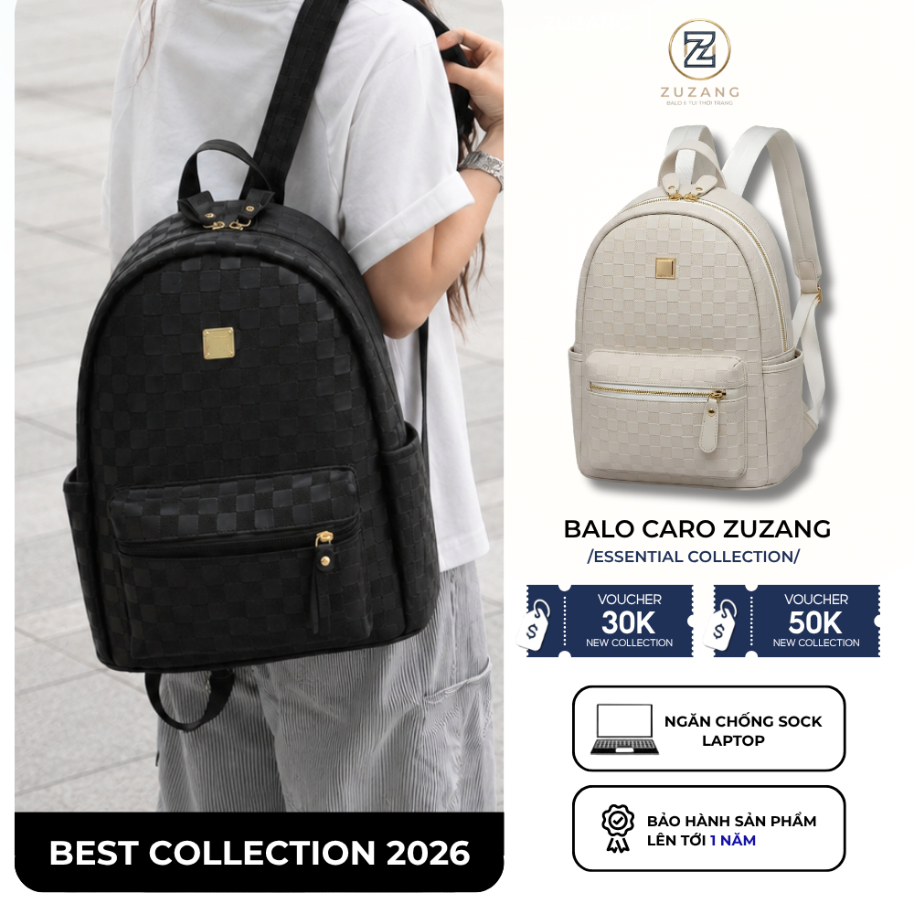 Balo Da PU Caro Đen/Be Sữa Nam Nữ ZuZang Đi Học Đi Chơi Chống Nước Size 38 Form Đẹp Cao Cấp Unisex