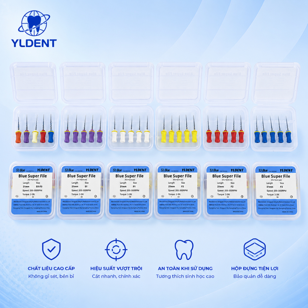 Protaper tay YLDENT S3 Blue dẻo kháng gãy chính hãng dùng trong nha khoa file nội nha - Xuất VAT