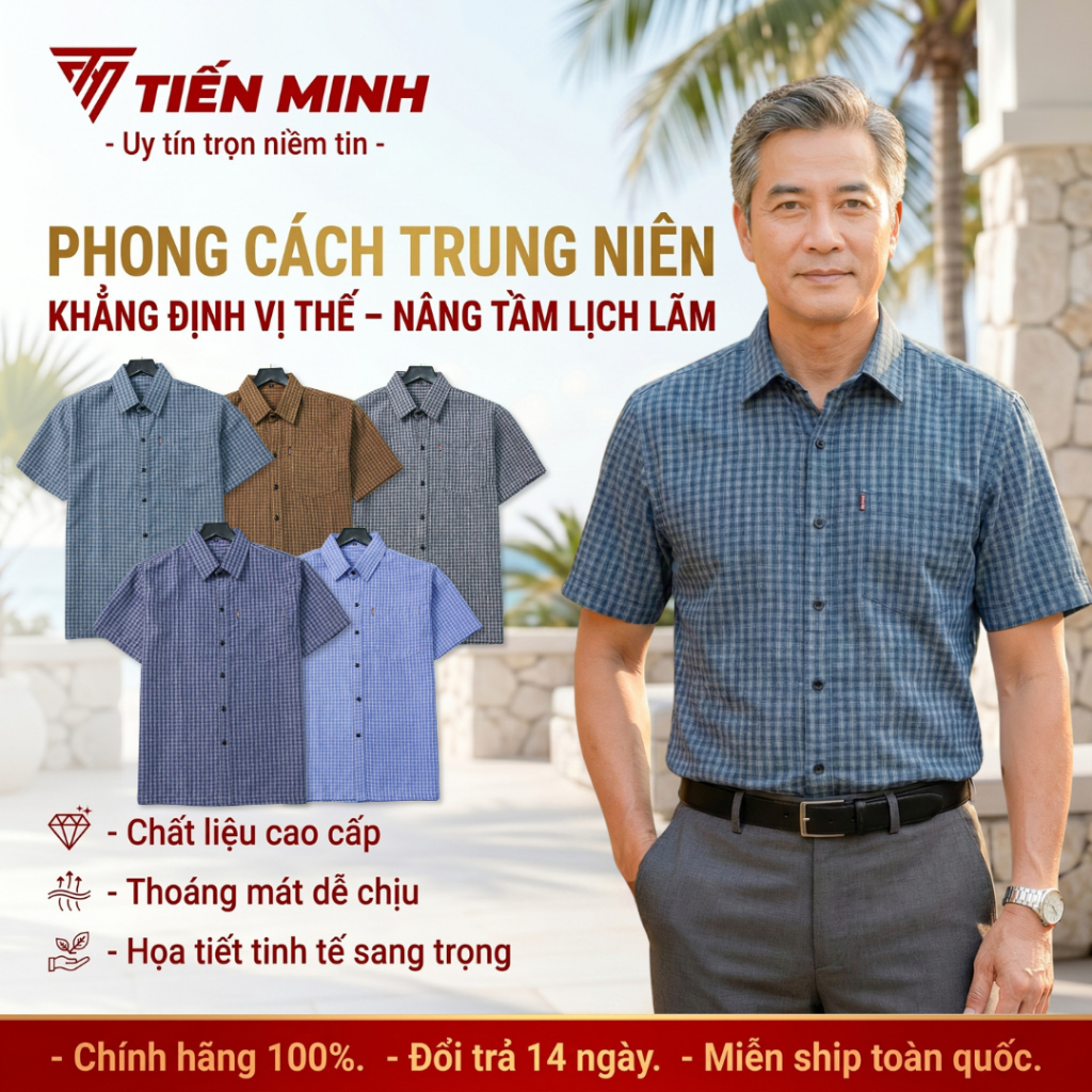 (Deal Xả Kho) TM2 Áo Sơ Mi Trung Niên Nam Ngắn Tay Dáng Suông Vạt Ngang Họa Tiết Kẻ Caro Tiến Minh