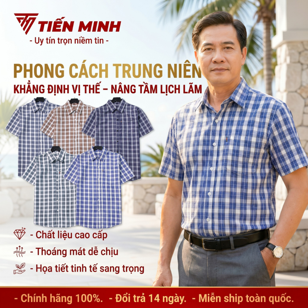 (Deal Xả Kho) TM5 Áo Sơ Mi Trung Niên Nam Ngắn Tay Dáng Suông Vạt Ngang Họa Tiết Kẻ Caro Tiến Minh