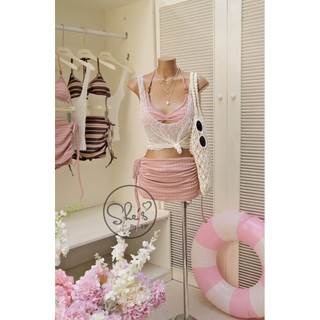 Set Bikini 3 Món: Bra Kẻ + Quần Váy Nhún + Áo Ren Chuẩn She’s
