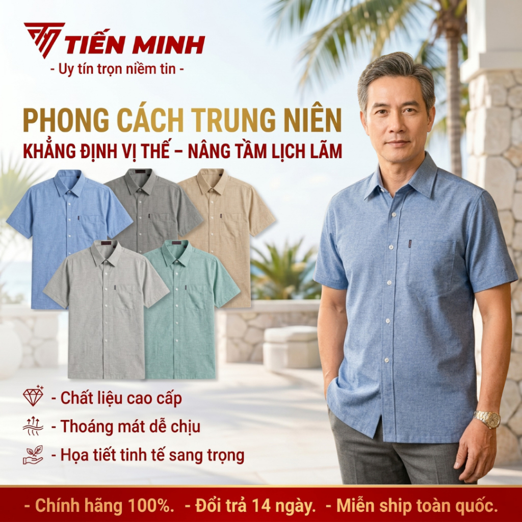 (Vải Cao Cấp) XO20 Áo Sơ Mi Trơn Đũi Cao Cấp Trung Niên Ngắn Tay Dáng Suông Vạt Ngang Tiến Minh XO20