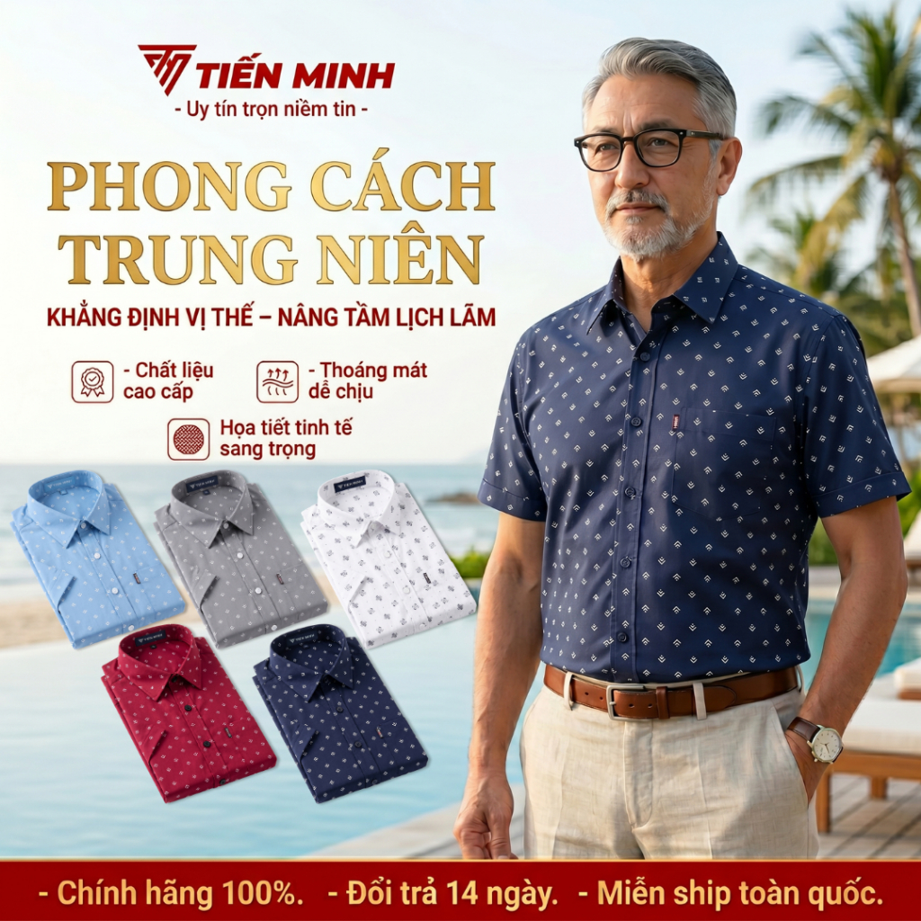 (Deal mở bán) TM8 Áo Sơ Mi Vải Kate Cao Cấp Trung Niên Ngắn Tay Dáng Suông Vạt Ngang Tiến MinhTM8