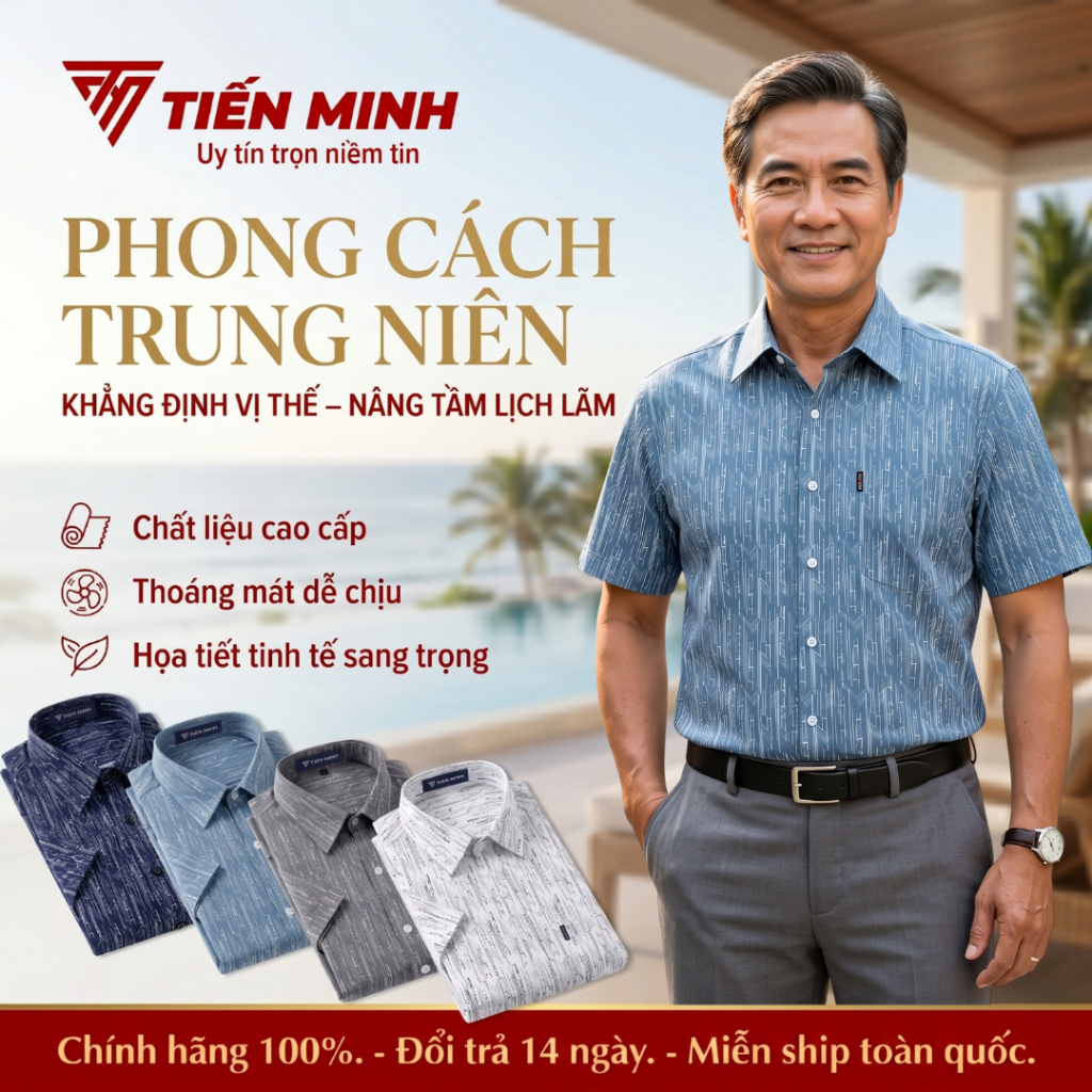 (Deal mở bán) TM10 Áo Sơ Mi Vải Kate Cao Cấp Trung Niên Ngắn Tay Dáng Suông Vạt Ngang Tiến MinhTM10