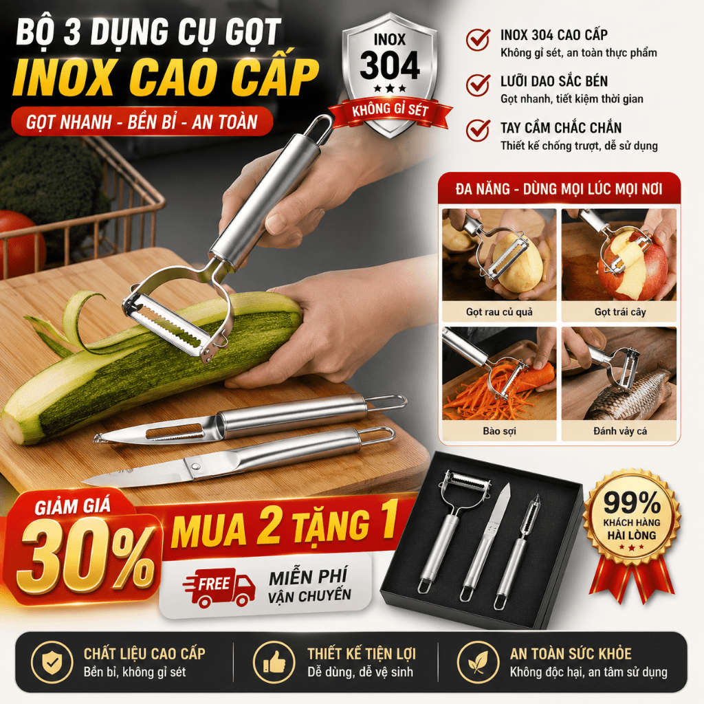 Bộ 3 Dụng Cụ Gọt Vỏ, Tỉa, Kẹp Lông Thép Không Gỉ Dành Cho Nhà Bép
