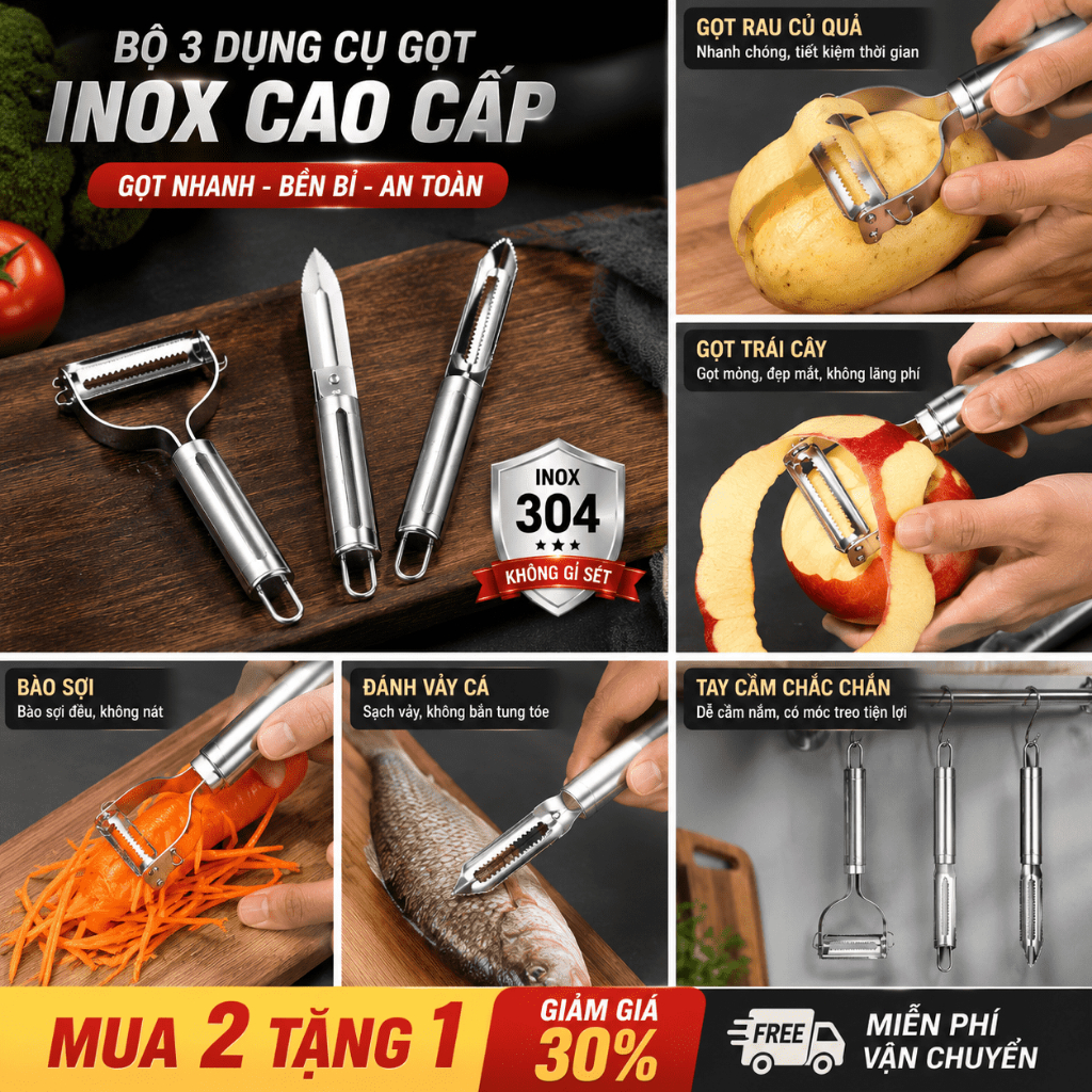 Bộ 3 Dụng Cụ Gọt Vỏ, Tỉa, Kẹp Lông Thép Không Gỉ Dành Cho Nhà Bép