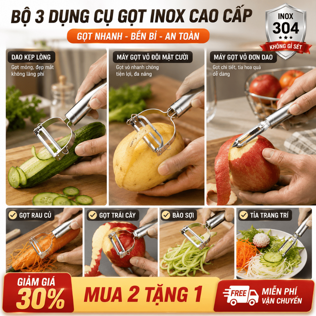 Bộ 3 Dụng Cụ Gọt Vỏ, Tỉa, Kẹp Lông Thép Không Gỉ Dành Cho Nhà Bép