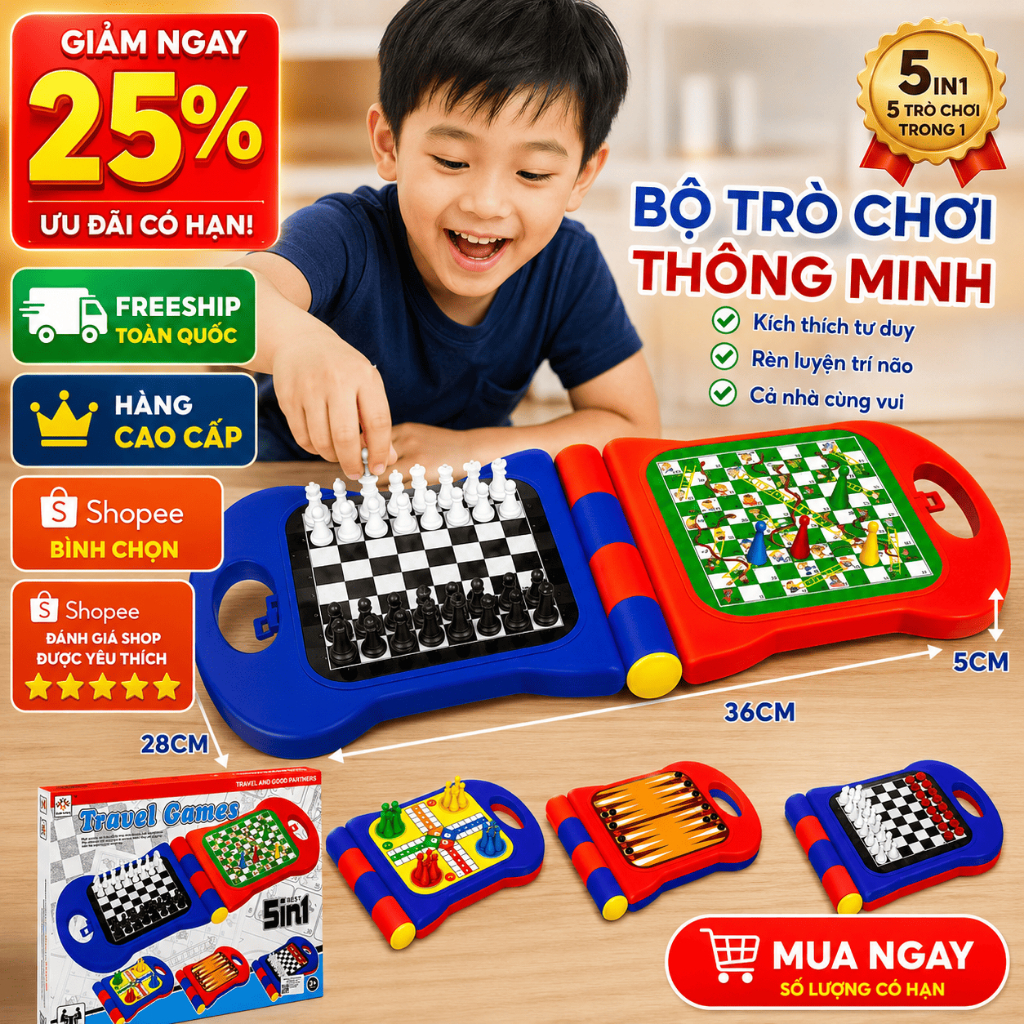 Bộ Cờ 5 Trong 1 Cho Bé Cờ Vua Cá Ngựa Cờ Rắn Backgammon Caro Đồ Chơi Trí Tuệ