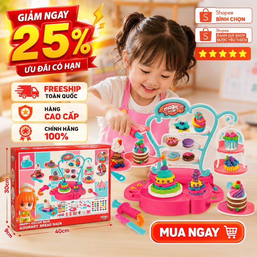 Đồ Chơi Đất Nặn Magic Dough Làm Bánh Kem Cho Bé, Bộ Sáng Tạo Kèm Phụ Kiện An Toàn