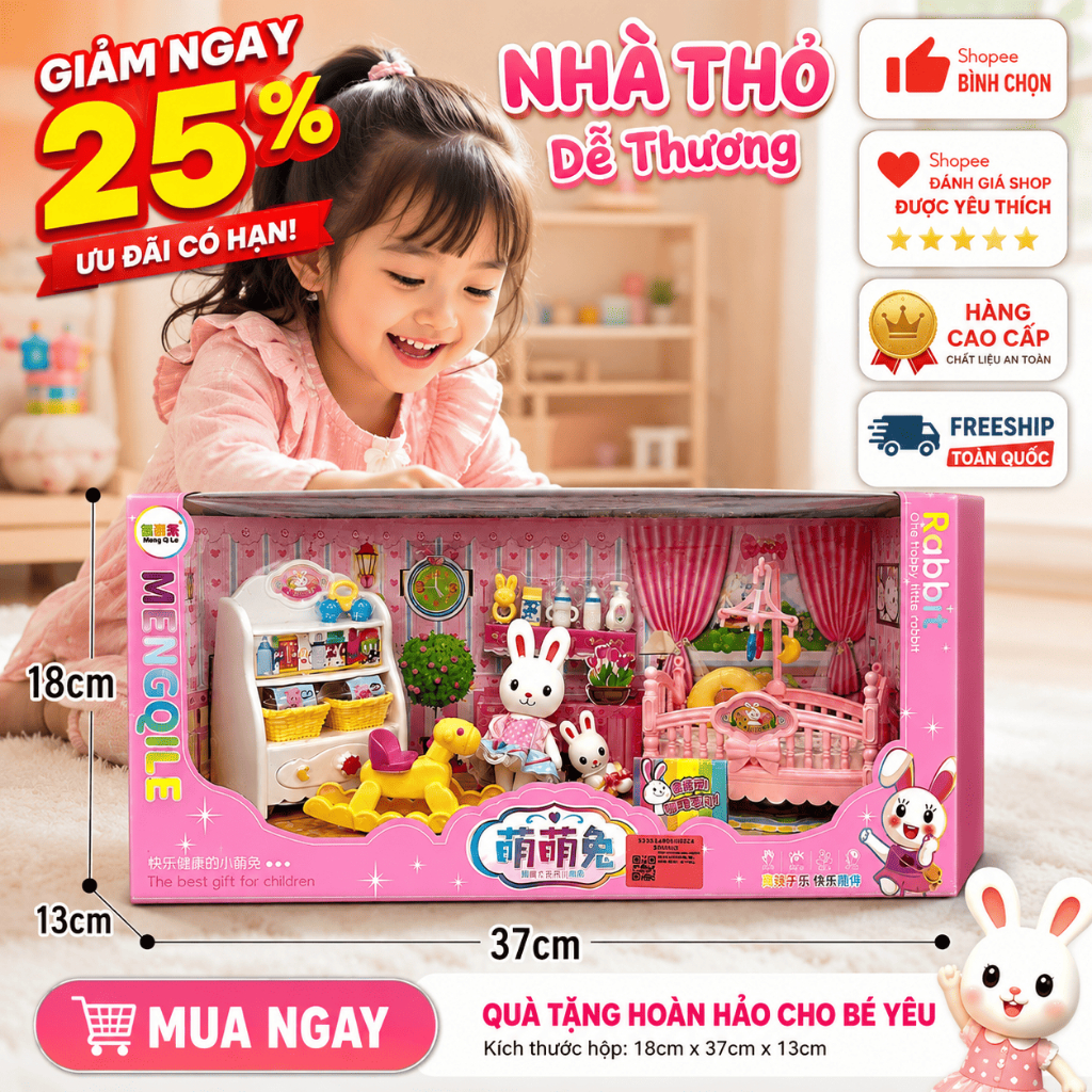 Bộ Đồ Chơi Phòng Ngủ Thỏ Bunny Mini Cho Bé Nhà Búp Bê Cao Cấp Kèm Phụ Kiện Bé Gái