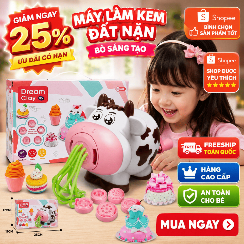 Bộ Đồ Chơi Đất Nặn Cho Bé Máy Làm Mì Làm Kem Hình Chú Bò Kèm Khuôn Phụ Kiện Đồ Chơi DIY
