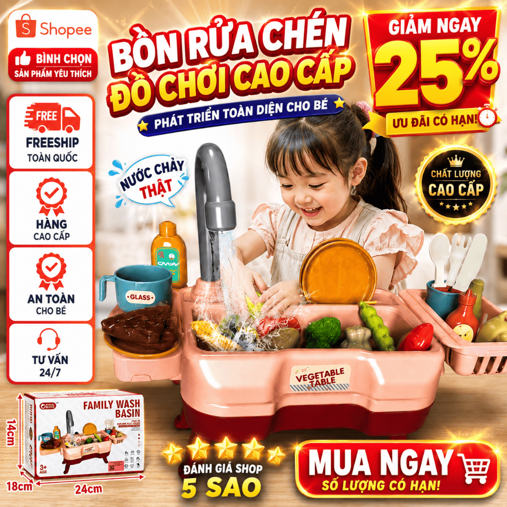 Đồ Chơi Bồn Rửa Chén Có Nước Chảy Cho Bé, Bộ Đồ Chơi Nhà Bếp Mini Kèm Rau Củ & Phụ Kiện Cho Bé