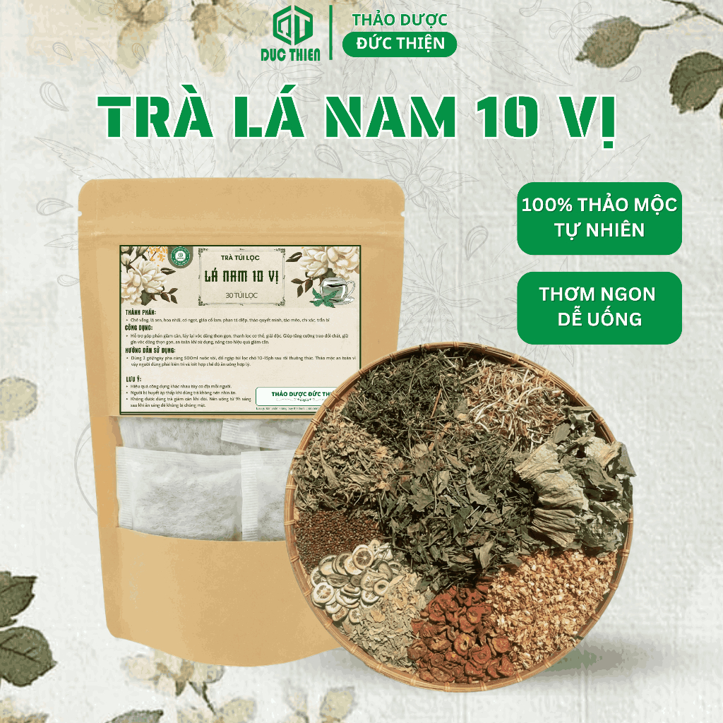 Trà Lá Nam Giảm Cân 10 Vị Đức Thiện (Set 30 Túi Lọc) - Hỗ Trợ Giảm Cân, Giảm Mỡ Bung, Eo Thon