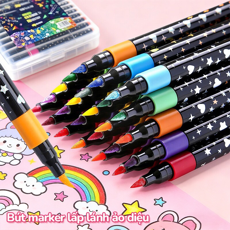 Màu Acrylic Marker – Hộp 24 Màu Nhũ Kim Tuyến Đầu Mềm, Cho Bé Vẽ Tranh Sáng Tạo, Đồ Dùng Học Tập Quà Tặng​