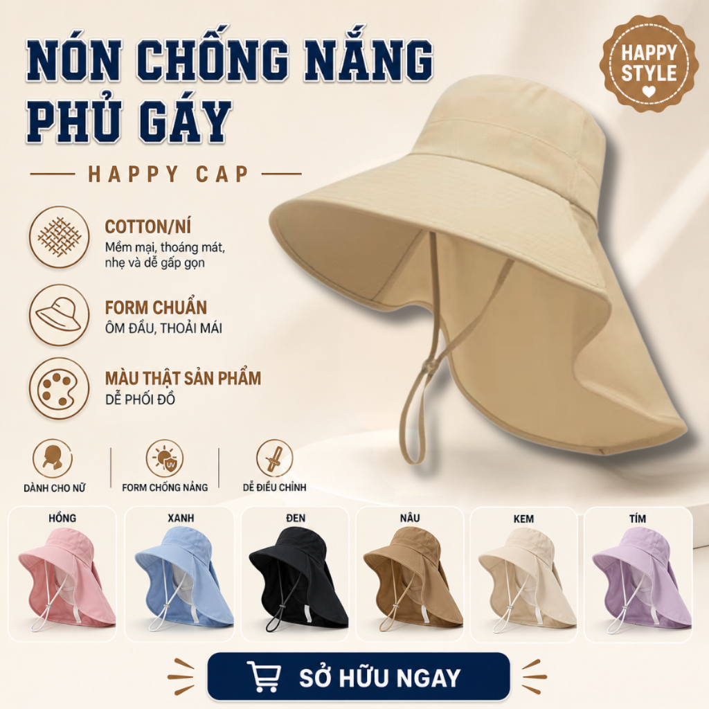 Nón Chống Nắng Mũ Vành Rộng Nữ Thời Trang Mùa Hè Che Cổ Kèm Dây Rút Tiện Lợi N233