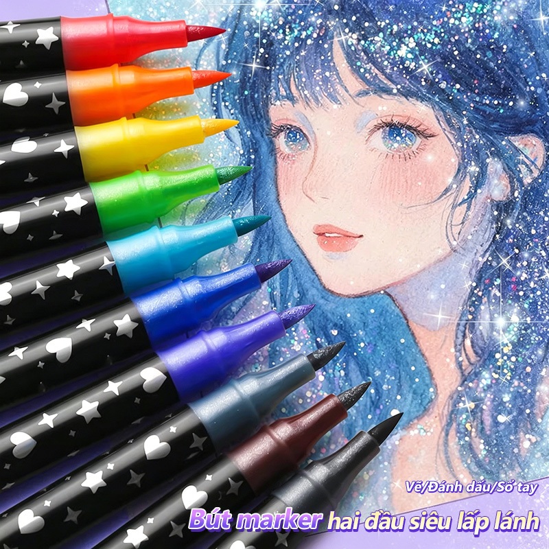 Acrylic Marker Cao Cấp 2 Đầu Nhiều Màu Cho Bé Vẽ Sáng Tạo, Đầu Mềm Mượt, Độ Che Phủ Tốt, Bộ 24/48/72 Màu Nhũ Kim Tuyến