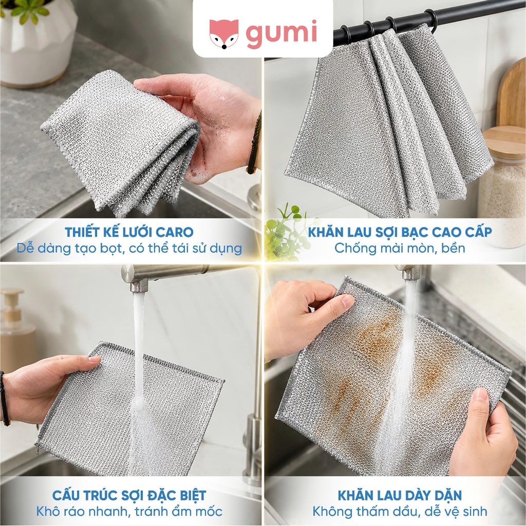 Khăn Lưới Rửa Chén GUMI Đa Năng – Làm Sạch Dầu Mỡ, Không Trầy Xước Chén Đĩa & Xoong Nồi