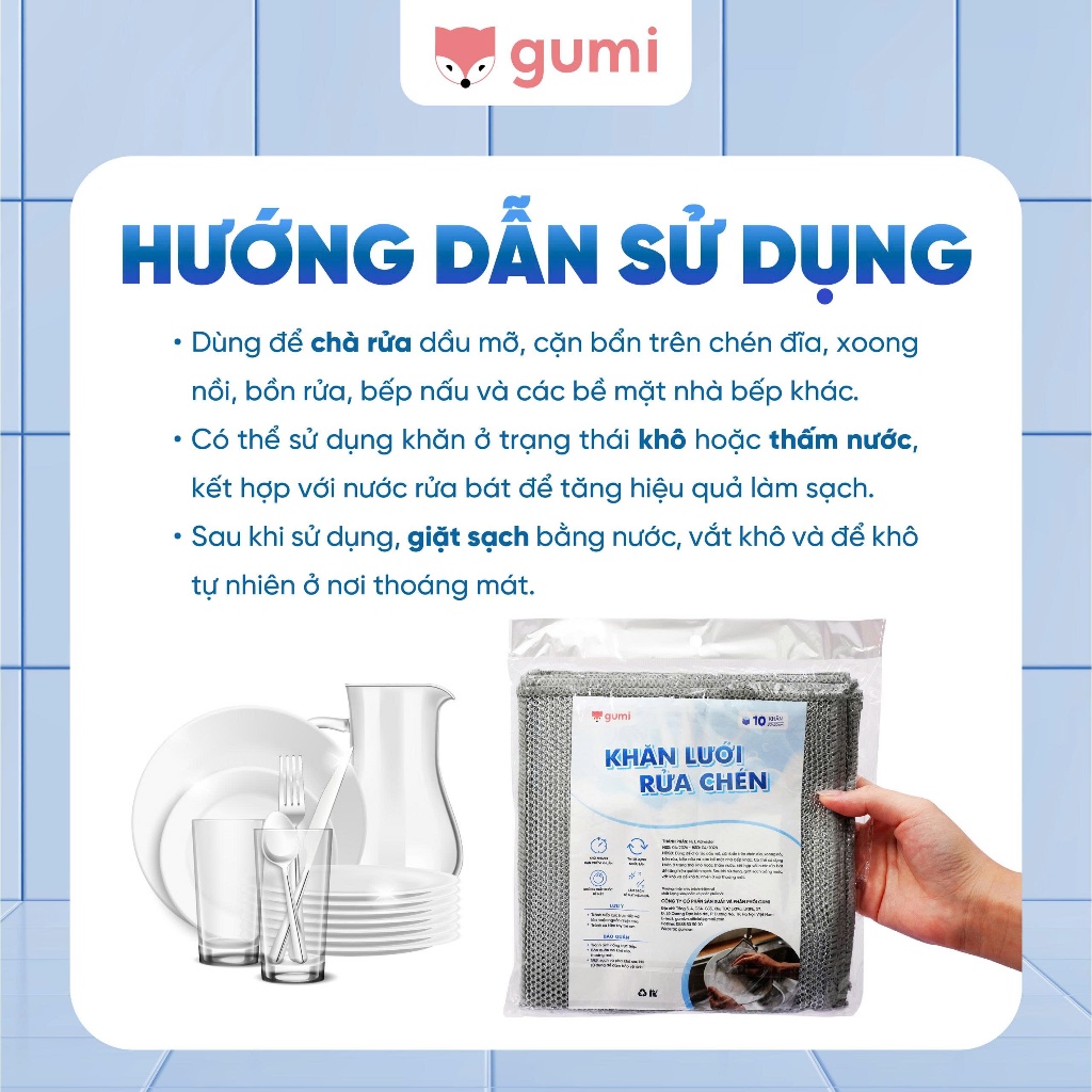 Khăn Lưới Rửa Chén GUMI Đa Năng – Làm Sạch Dầu Mỡ, Không Trầy Xước Chén Đĩa & Xoong Nồi