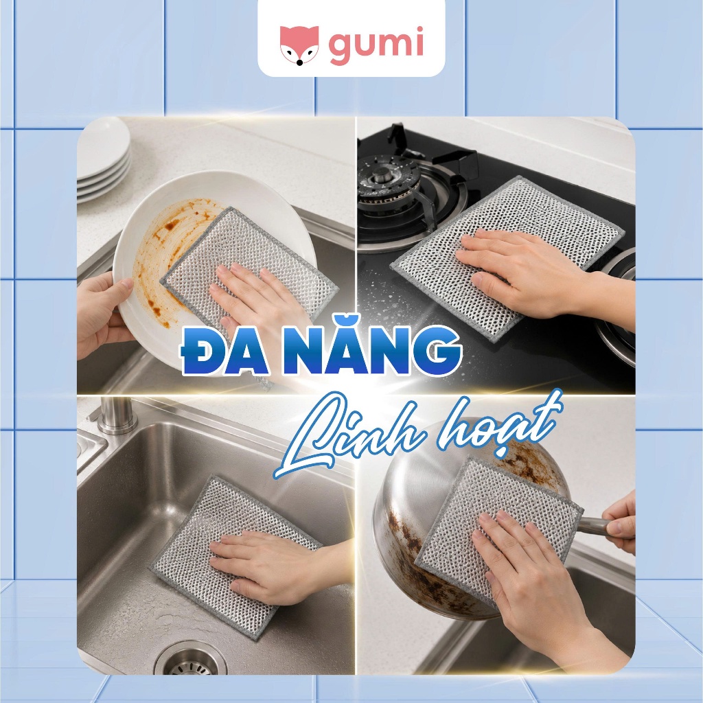 Khăn Lưới Rửa Chén GUMI Đa Năng – Làm Sạch Dầu Mỡ, Không Trầy Xước Chén Đĩa & Xoong Nồi