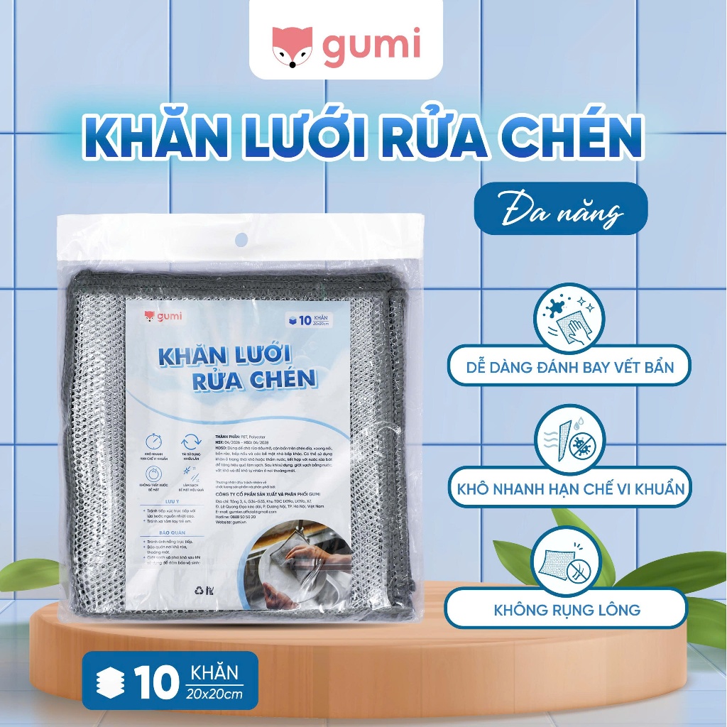 Khăn Lưới Rửa Chén GUMI Đa Năng – Làm Sạch Dầu Mỡ, Không Trầy Xước Chén Đĩa & Xoong Nồi