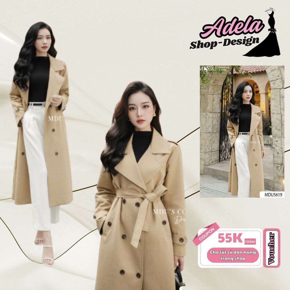 Áo Mangto ADELA DESIGN Kaki Co Giãn Nhẹ Cổ Vest Thanh Lịch Kèm Đai Eo Tôn Dáng MDU6408