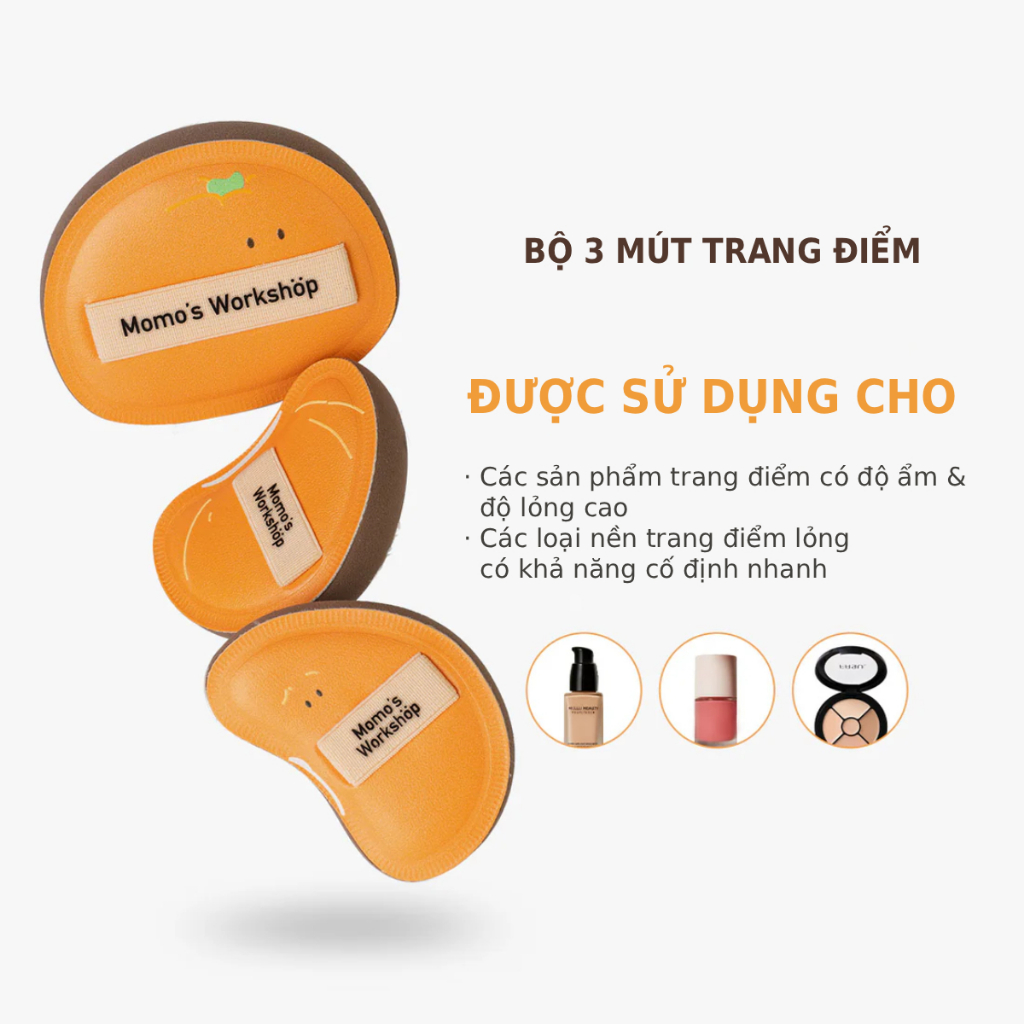Set 3 Bông Mút Trang Điểm Cao Cấp Momo's Workshop Bento Buddies Airy Mallow Puff Trio – Peel 'N Pals Dry Use (3pcs)