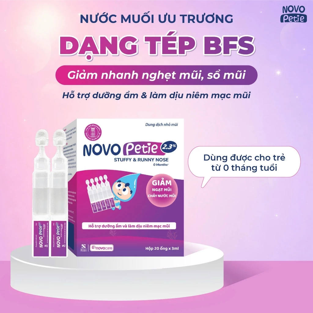 Nhỏ mũi nước muối ưu trương cho bé Novocare NovoPetie 2.3%, giảm nghẹt mũi, sổ mũi, dạng tép BFS 5ml