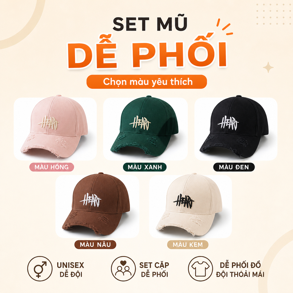 Mũ lưỡi trai nam nữ Nón kết thêu chữ Memorie, Peachy, Heart form unisex nam nữ N01 Happy Style