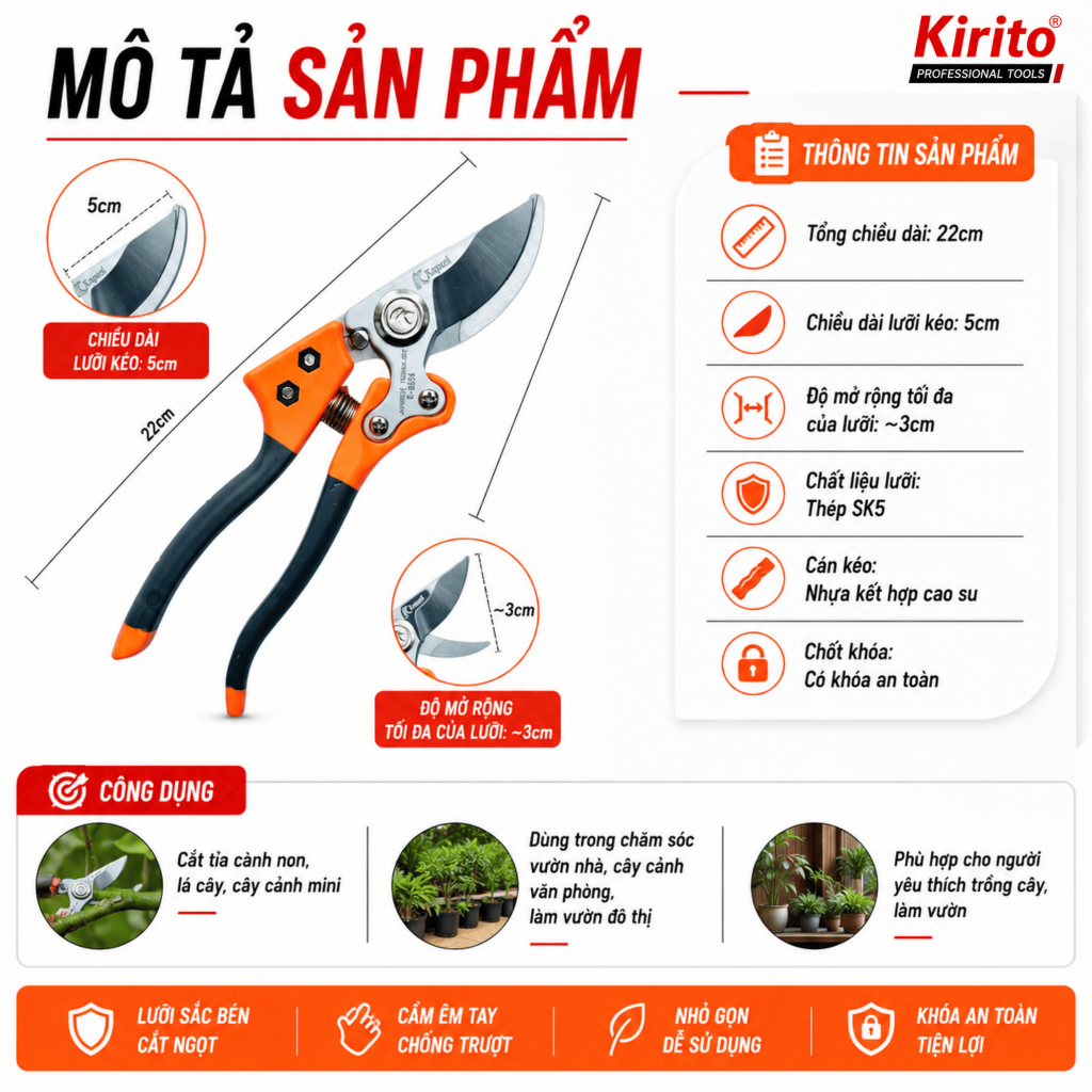 Kéo Cắt Tỉa Cành Cây Kapusi K8654 Cao Cấp, Lưỡi Thép SK5, Thiết Kế Chắc Chắn, Cắt Êm Tay