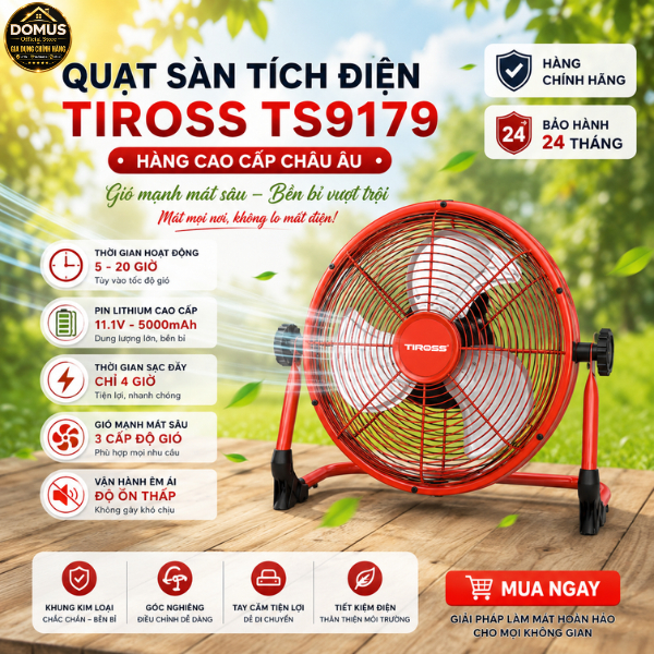 QUẠT SÀN TÍCH ĐIỆN TIROSS TS9178/TS9179 PIN LITHIUM 11.1V 5000mAh 5h - 20h, Hàng Chính Hãng BH 24th