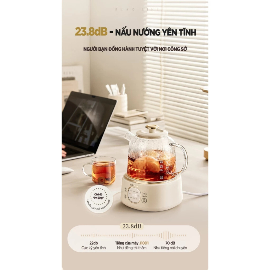 Ấm Đun Thủy Tinh 1L Bear HLP-105W (YSH-J10D1) - 800W, Pha Trà, An Toàn Tiện Lợi - Hàng Chính Hãng