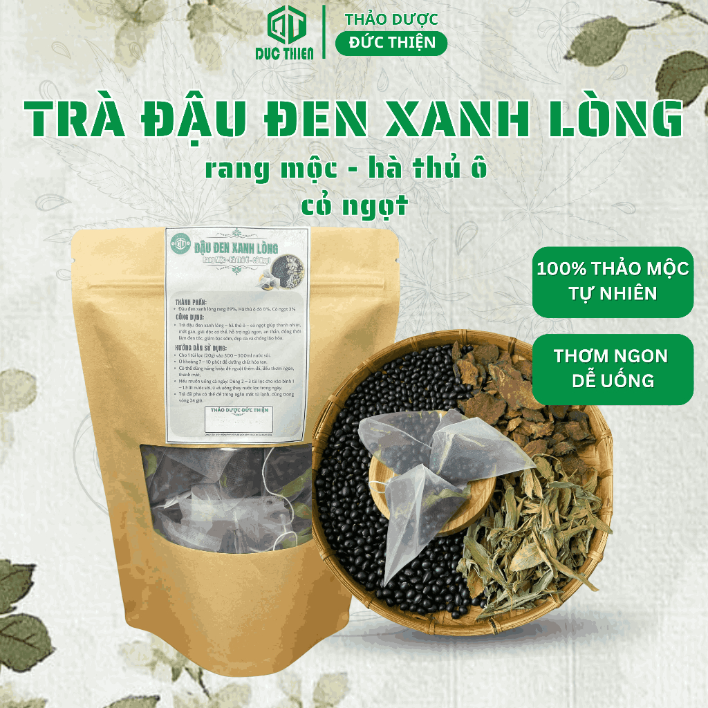 Trà Đậu Đen Xanh Lòng Túi Lọc Đức Thiện 20 Gói –Rang Mộc Hà Thủ Ô Cỏ Ngọt – Đẹp Da, Thanh Lọc cơ thể