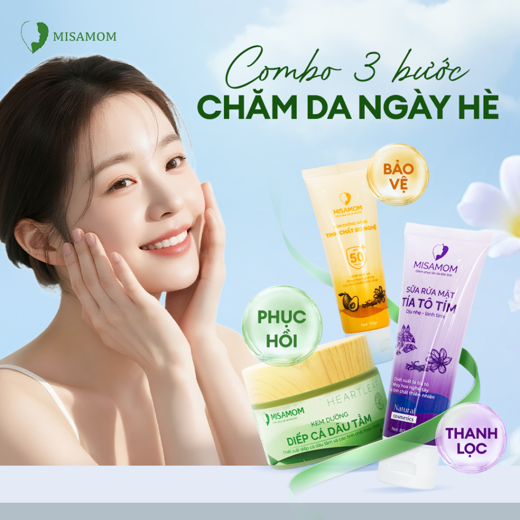 Bộ 3 chăm sóc da toàn diện Misamom - Kem dưỡng da - Kem chống nắng - Sữa rửa mặt - Diếp cá