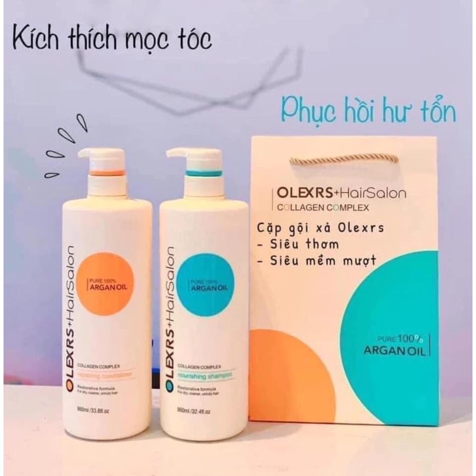 Bộ dầu gội xả Olexrs+HairSalon Argan Oil Collagen 960ml giúp phục hồi tóc, dưỡng tóc mềm mượt, chống rụng kích mọc tóc
