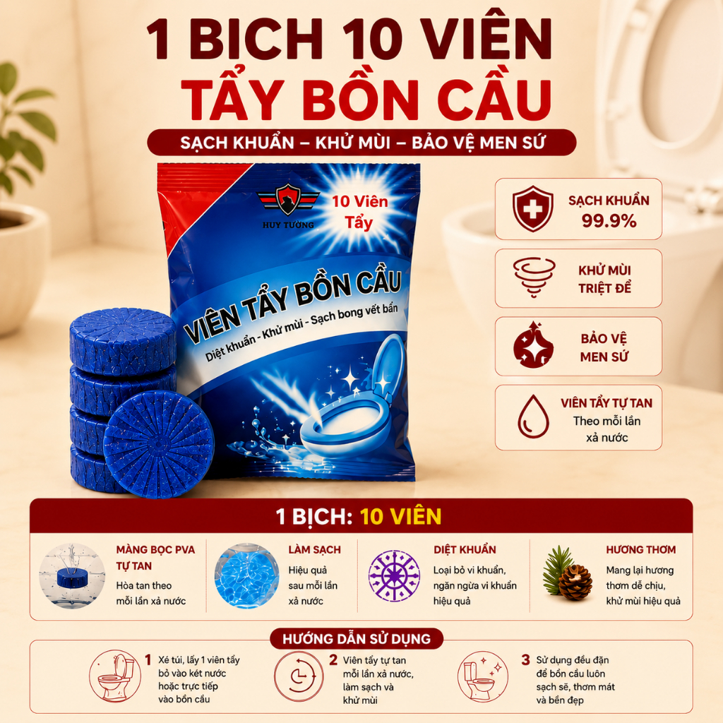 Viên Thả Bồn Cầu Tẩy Sạch Mảng Bám Khử Mùi Hàn Quốc, Viên Tẩy Bồn Cầu Gói 10 Viên Cực Kỳ Tiện Lợi - Huy Tưởng | BigBuy360 - bigbuy360.vn