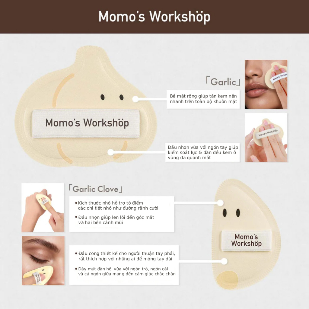 Bông Mút Trang Điểm Củ Tỏi Momo's Workshop Bento Buddies Airy Mallow Puff Trio - Garlic Crew Dry Use (3pcs)