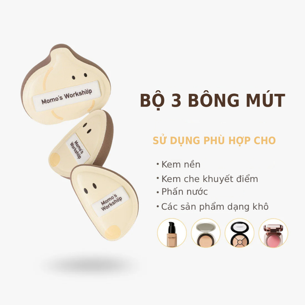 Bông Mút Trang Điểm Củ Tỏi Momo's Workshop Bento Buddies Airy Mallow Puff Trio - Garlic Crew Dry Use (3pcs)