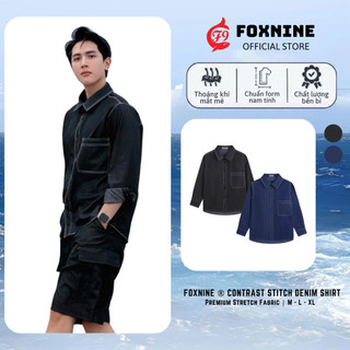Áo Sơ Mi Denim Nam Nữ FOXNINE Phối Chỉ Nổi Form Rộng Dài Tay Chất Bò Co Giãn Contrast Stitch Shirt