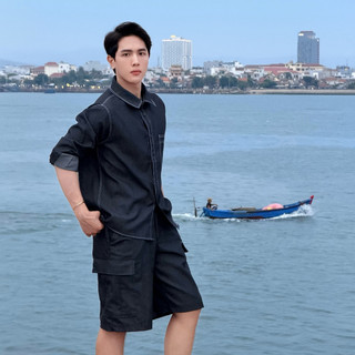 Áo Sơ Mi Denim Nam Nữ FOXNINE Phối Chỉ Nổi Form Rộng Dài Tay Chất Bò Co Giãn Contrast Stitch Shirt