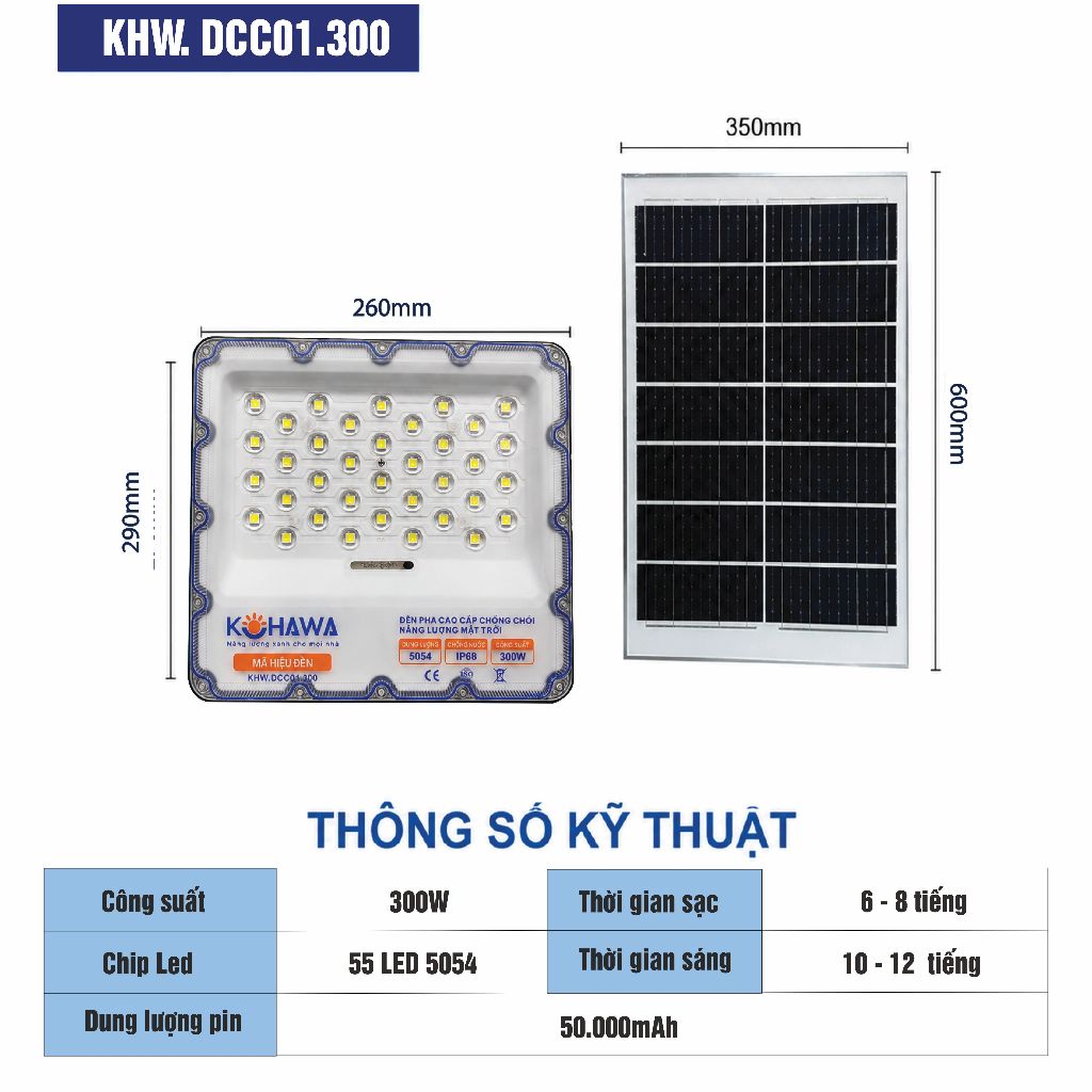 Đèn mắt ngọc Năng Lượng Mặt Trời 300W KOHAWA -Đèn pha Chống Ngoài Trời-Chống Nước IP68-Pin lớn-K.DCC01.300